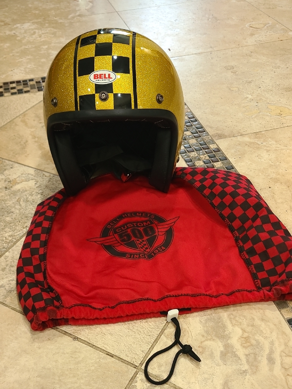 Bell Women's Gold Glitter Open-Face Helmet with Black Checker Stripe